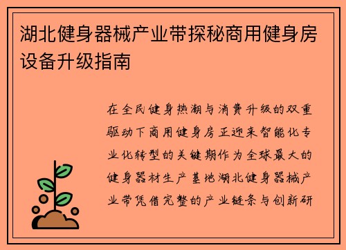 湖北健身器械产业带探秘商用健身房设备升级指南