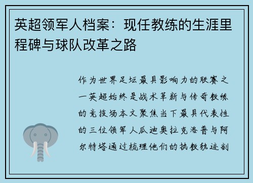英超领军人档案：现任教练的生涯里程碑与球队改革之路