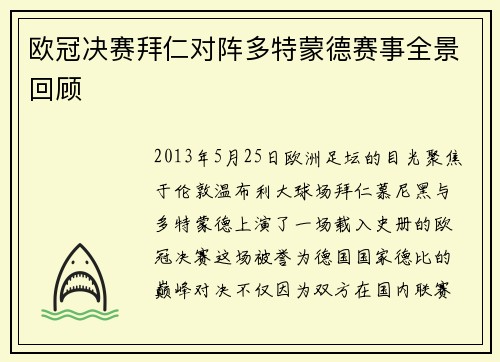 欧冠决赛拜仁对阵多特蒙德赛事全景回顾